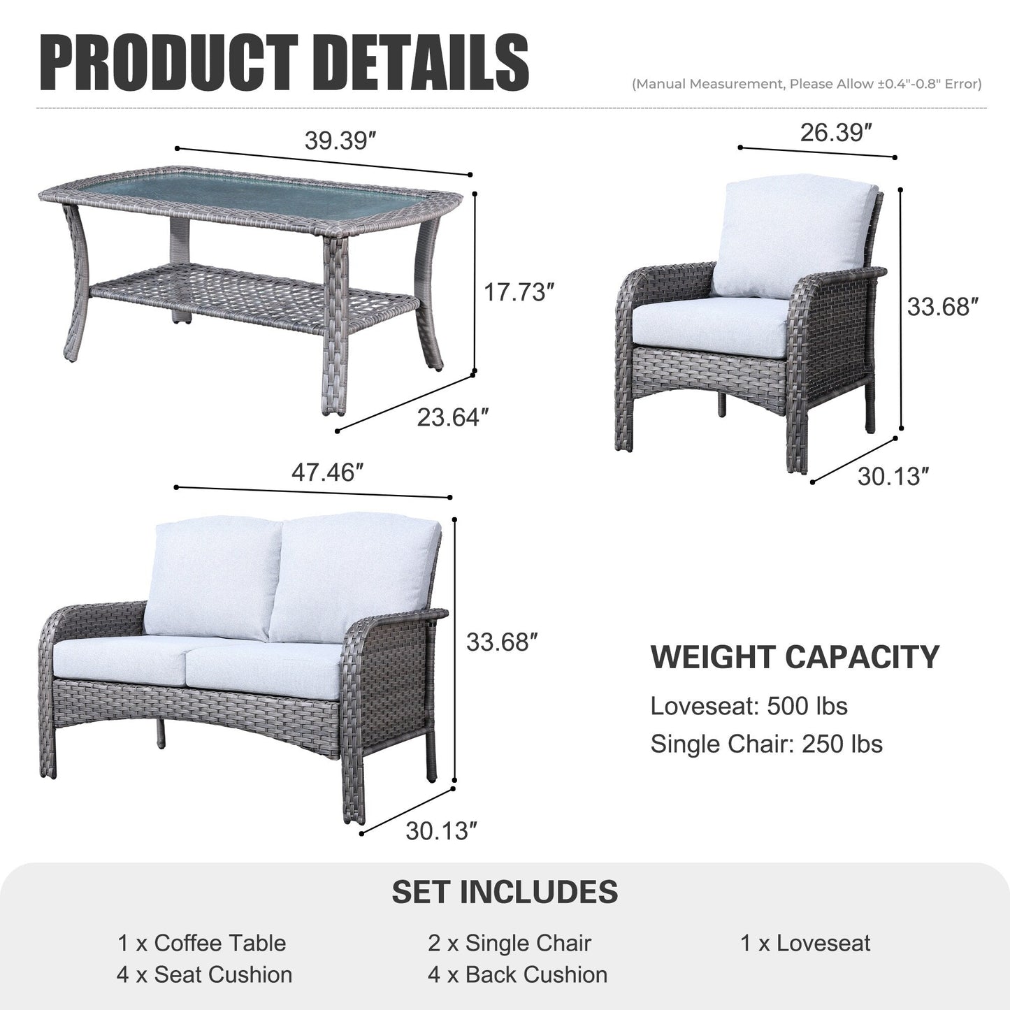 Ensemble de conversation de 4 pièces pour patio extérieur XIZZI avec table
