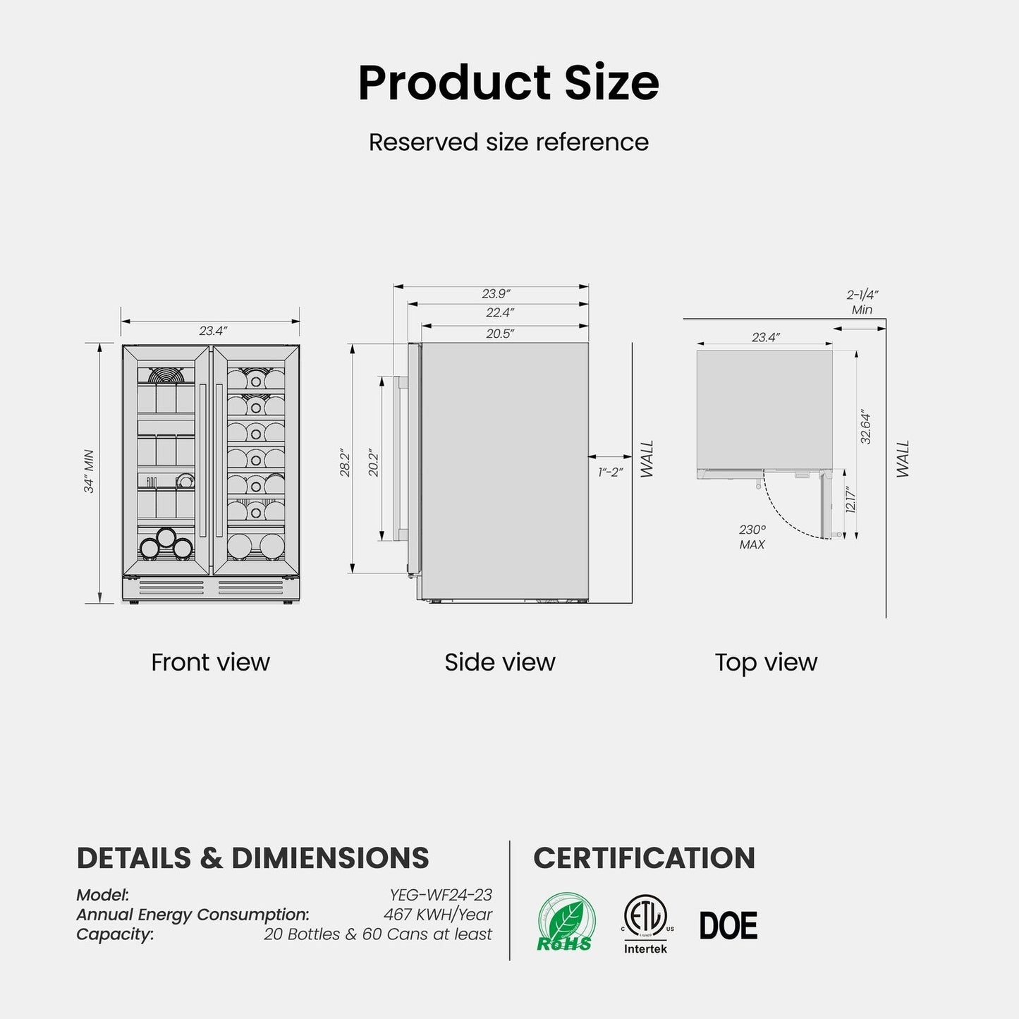 Réfrigérateur à vin/boissons 24 pouces, réfrigérateur double zone pour 20 bouteilles/60 canettes - 24 pouces